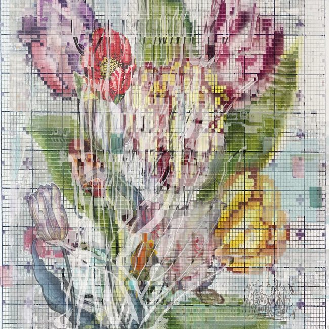 Mary Ann Strandell • Double Tapestry Tulip Needlepoint • 40” x 30”  • 3D Lenticular Image with Drawing • 2025
